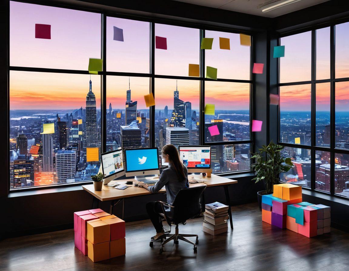 A person sitting at a sleek desk, surrounded by colorful sticky notes, laptops, and books about content creation and SEO. The background features a large window with a vibrant city skyline, representing a thriving digital world. Subtle icons of social media platforms hover in the air, symbolizing online presence. Warm, inviting lighting emphasizes creativity and inspiration. super-realistic. vibrant colors. modern office setting.