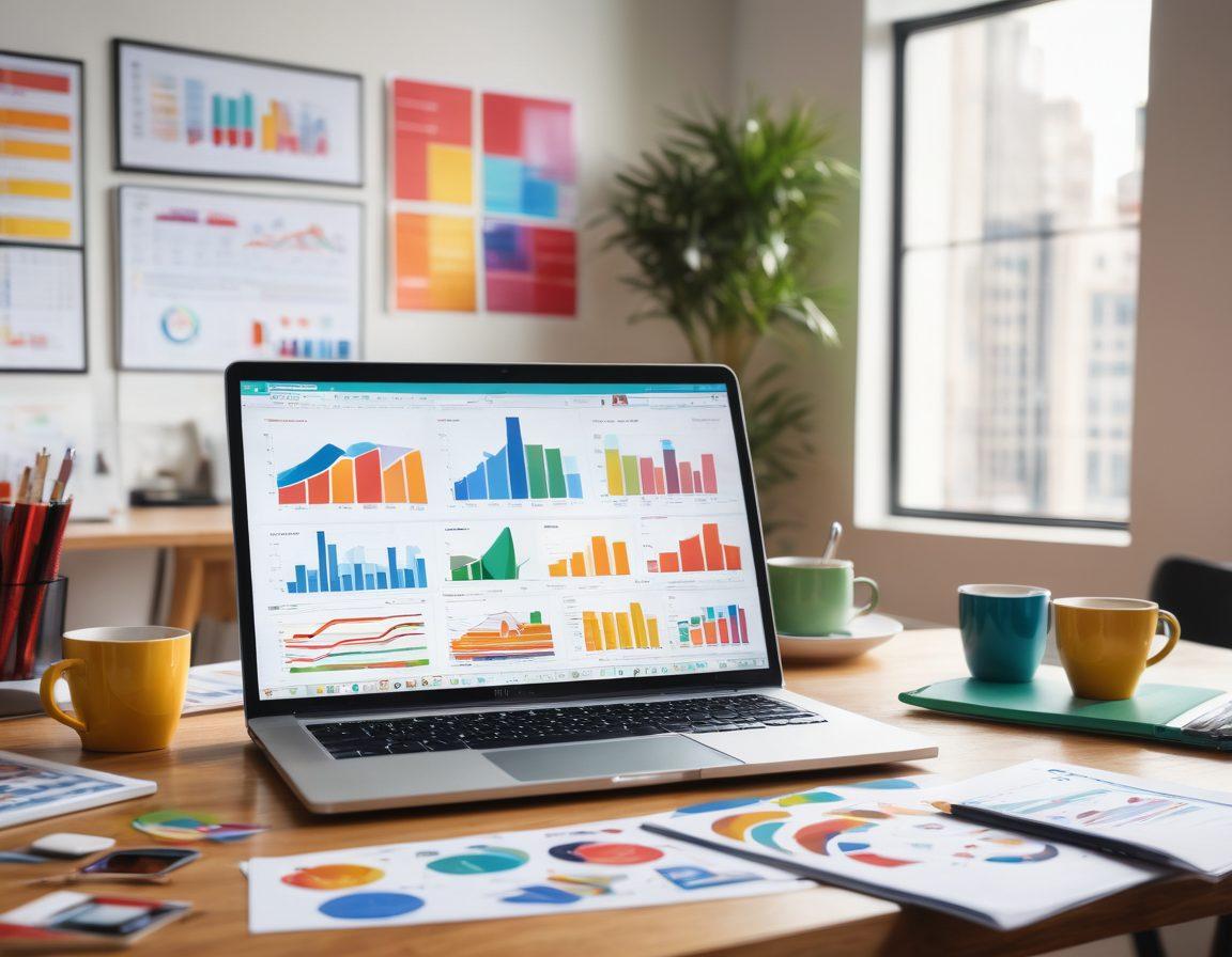 A vibrant scene depicting an open laptop surrounded by colorful charts, graphs, and social media icons symbolizing growth and engagement. In the background, a diverse group of bloggers collaborating, sharing ideas, and brainstorming over coffee in a well-lit modern workspace. The image should convey a sense of innovation and community in the blogging industry. super-realistic. vibrant colors. modern office setting.
