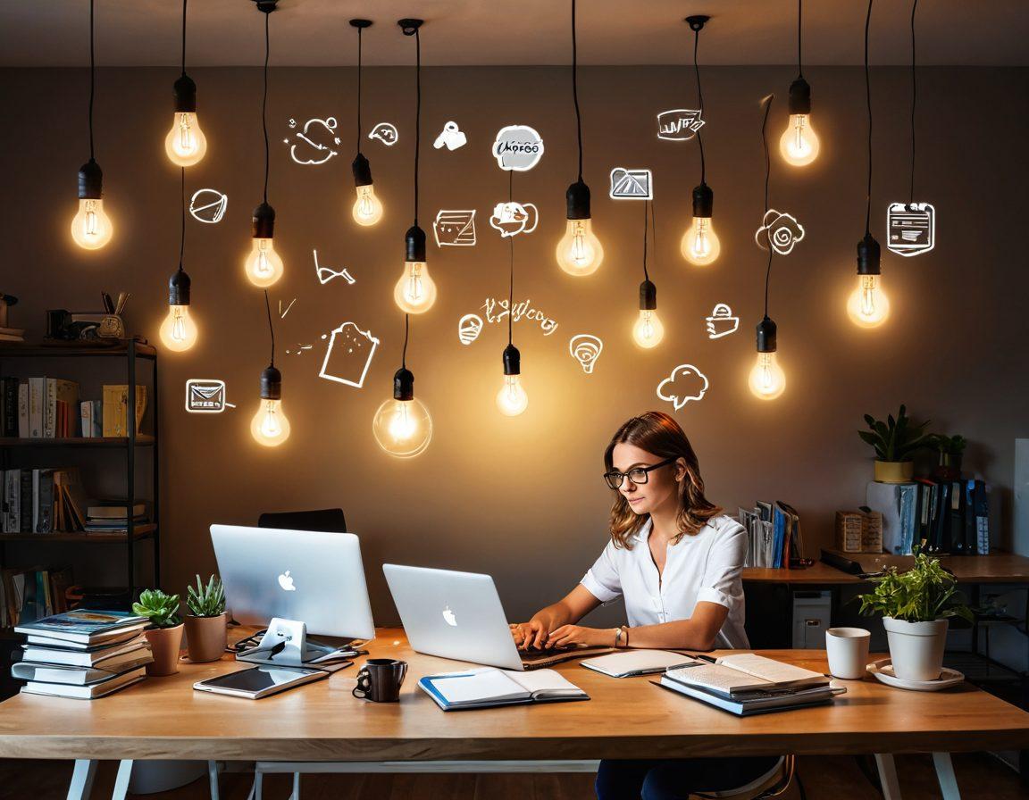 A person sitting at a beautifully designed desk, surrounded by laptops, notebooks, and coffee, with a bright light bulb symbolizing ideas shining above them. In the background, a flowing path of digital posts and social media icons connects to a captivating landscape. The atmosphere should be dynamic and inspiring, showcasing the journey of blogging. super-realistic. vibrant colors. white background.